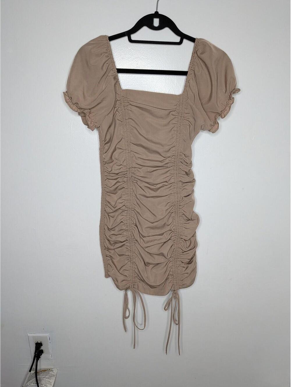 Wishful Thinking Dress Womens S Beige Ruched Puff Sleeve Bodycon Mini Ruffle